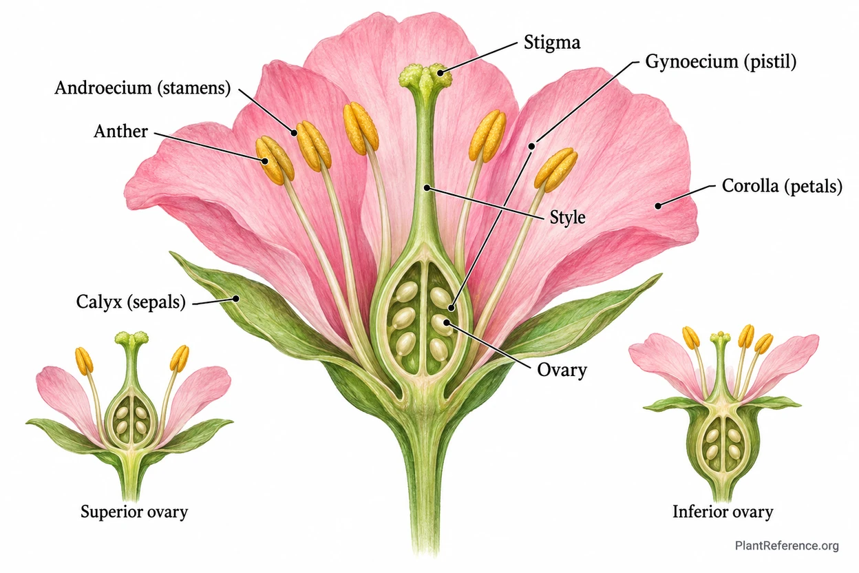 Labeled botanical diagram showing sepals petals stamens and pistils in a complete flower