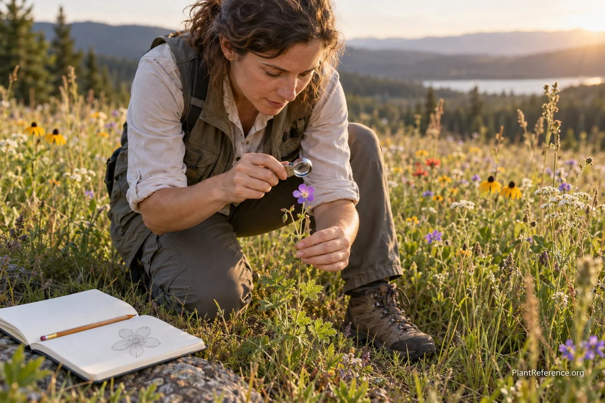 Botanist using hand lens to examine wildflower for systematic identification in field