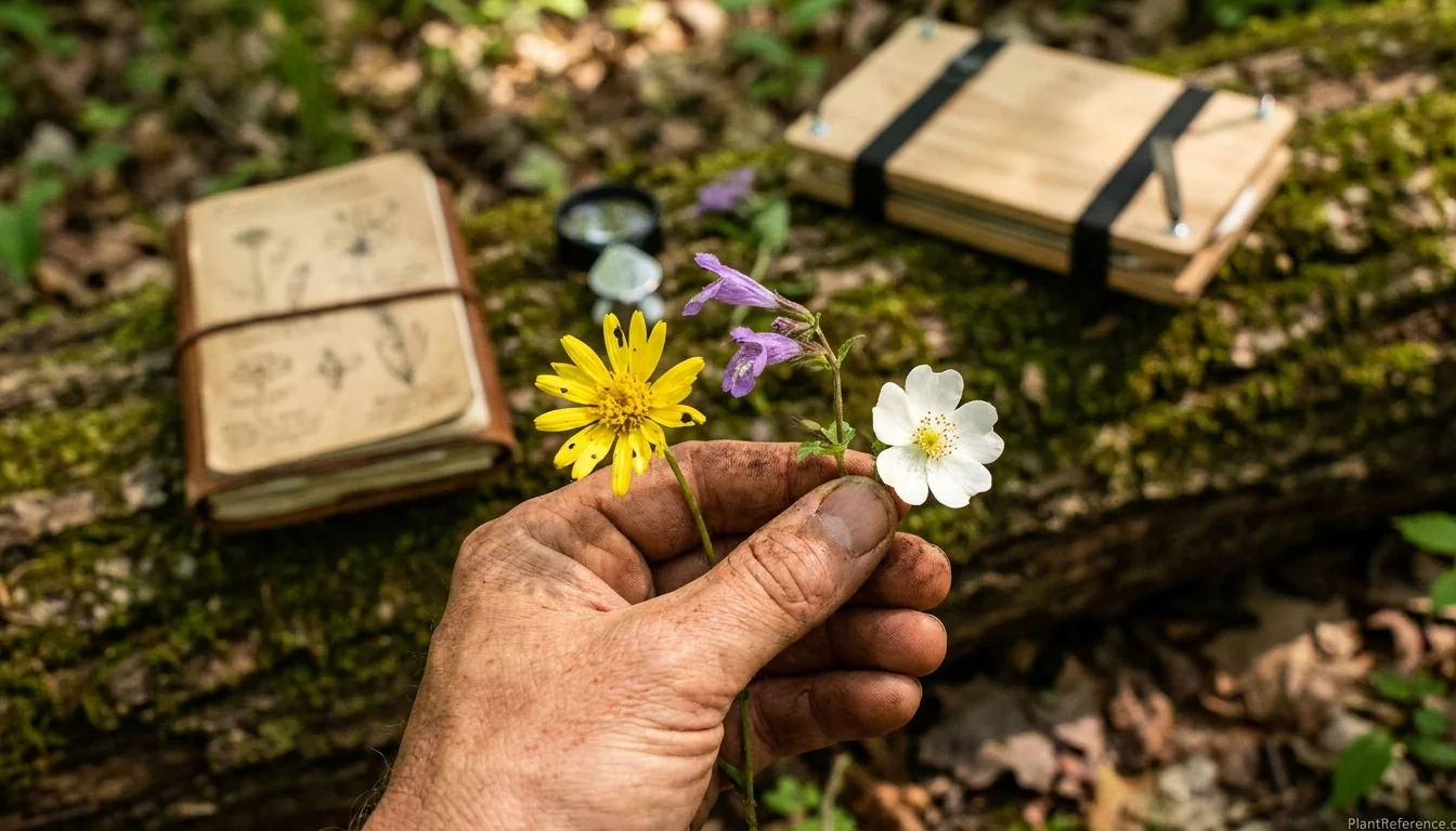 Botanist comparing flower morphology of several wildflowers for plant identification practice