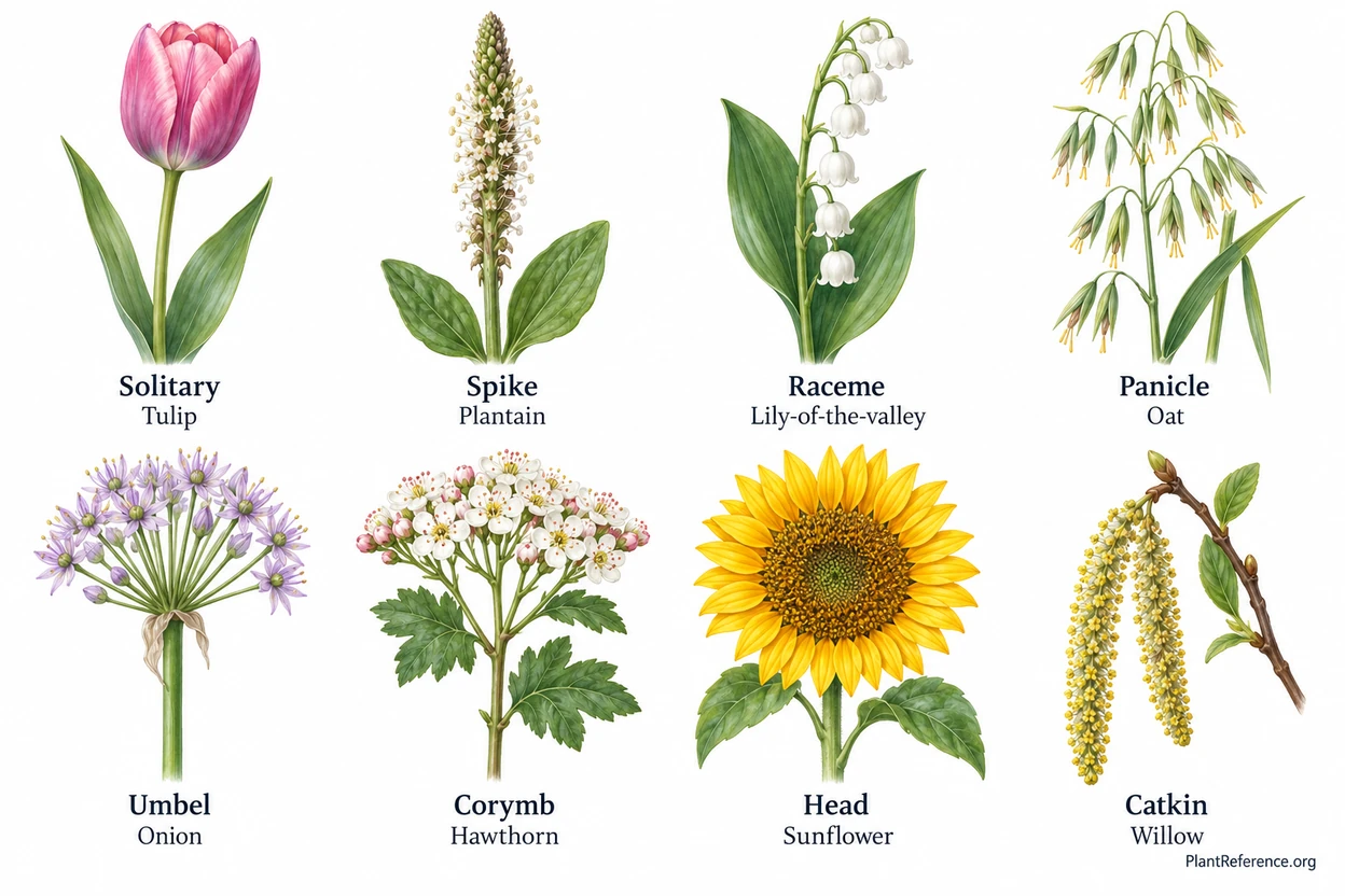 Eight common inflorescence types labeled including spike raceme umbel corymb head and catkin