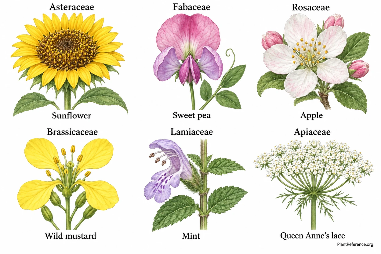 Six major North American flower families shown side by side: Asteraceae Fabaceae Rosaceae Brassicaceae Lamiaceae Apiaceae