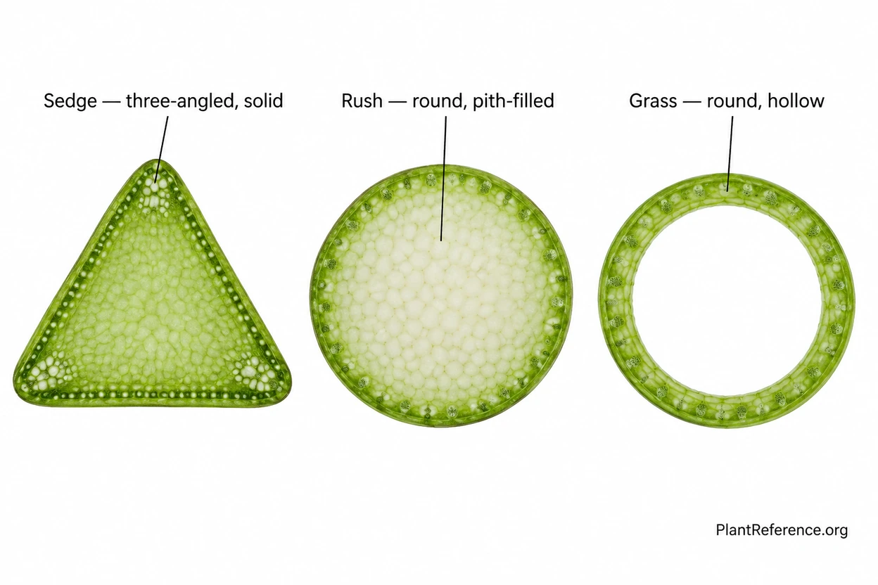 Cross-section diagram comparing triangular sedge stem, solid round rush stem, and hollow jointed grass stem