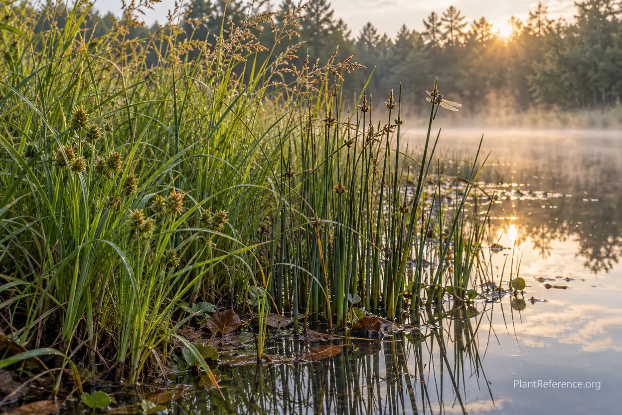 Sedges rushes and grasses growing together at a pond edge showing how similar they look at a distance