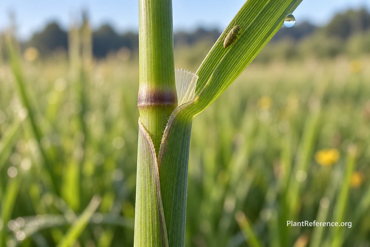 Close-up of a grass culm showing a swollen node and the split leaf sheath wrapping the stem