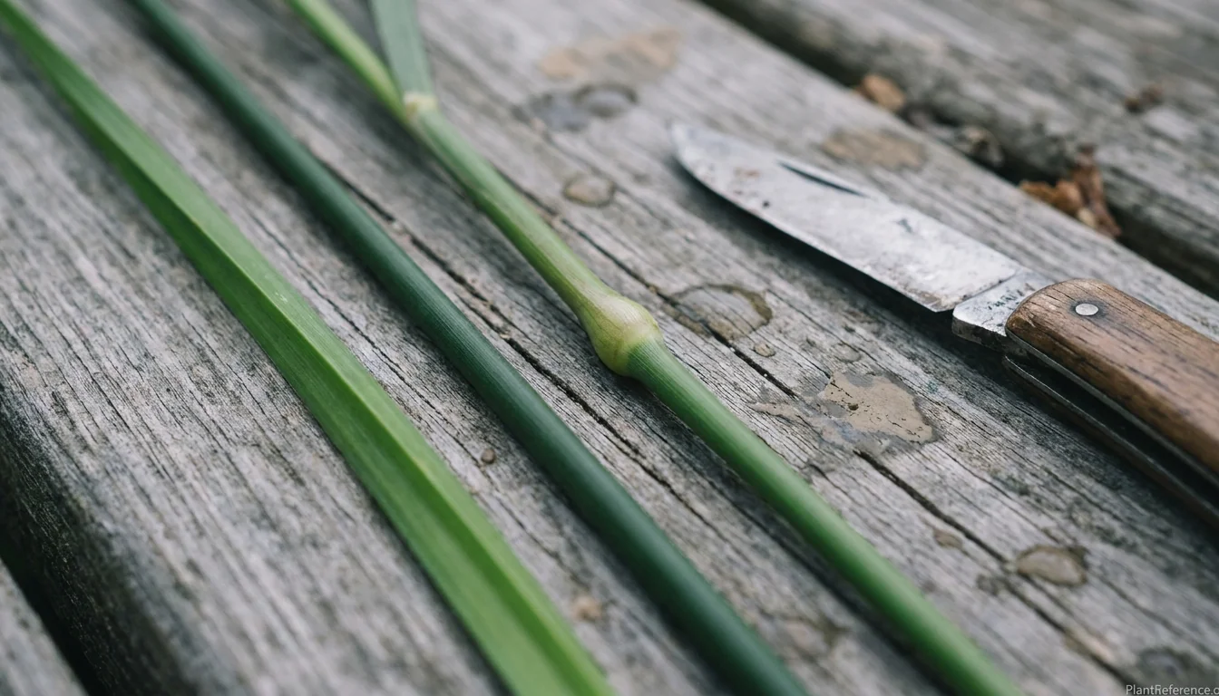 Triangular sedge stem, round rush stem, and jointed grass stem compared side by side for identification