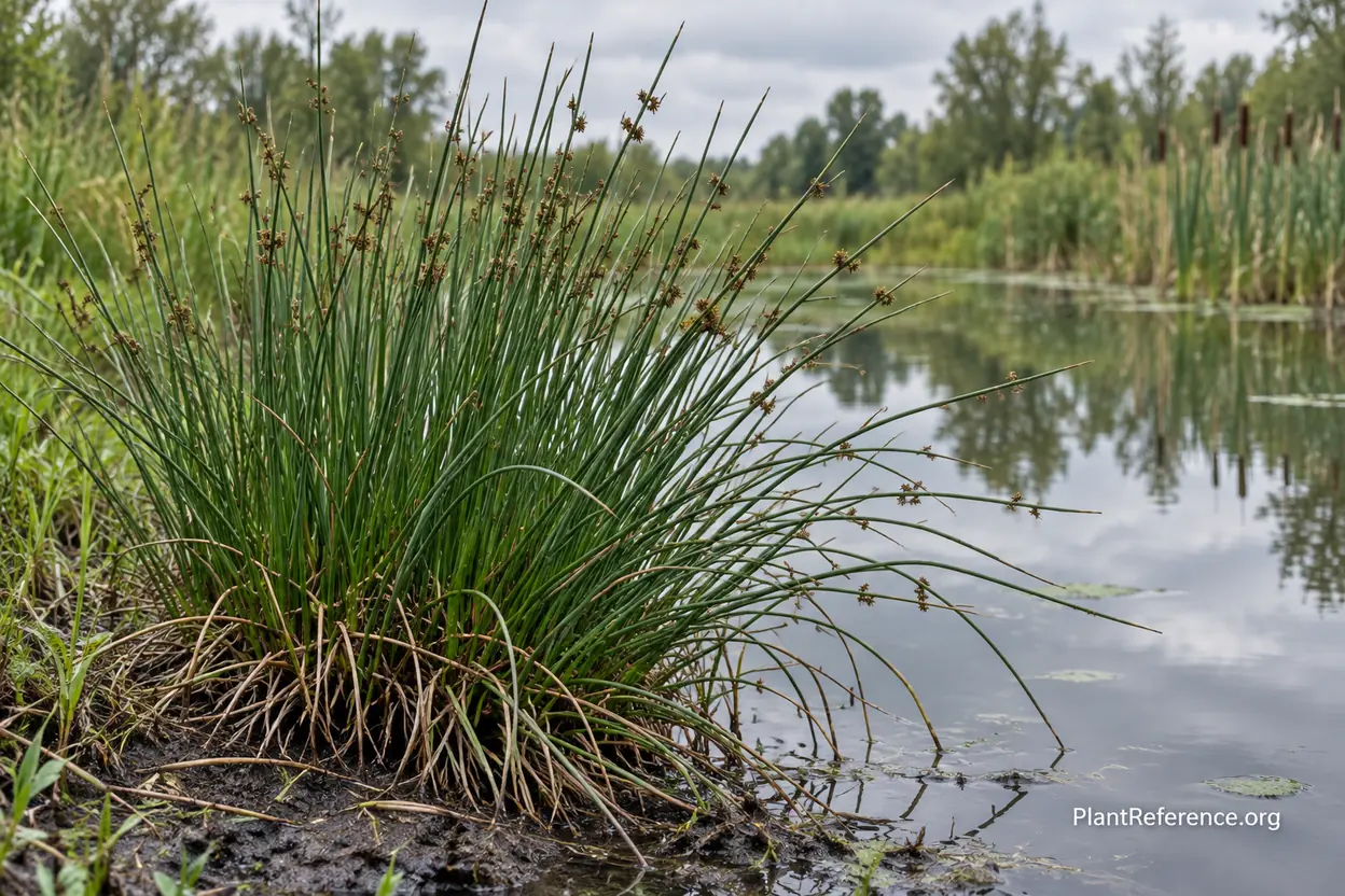 Clump of soft rush with round smooth dark green stems growing in a wet area