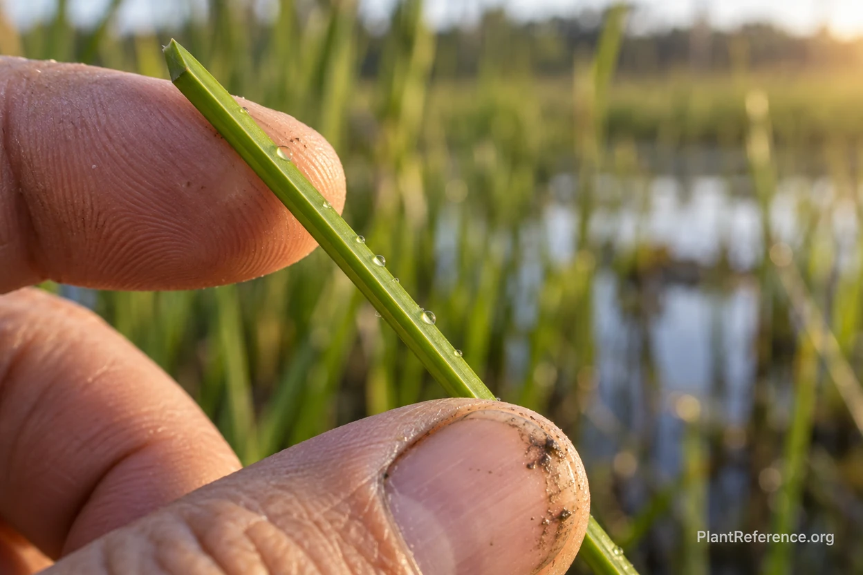 Fingers rolling a triangular sedge stem to feel the three sharp edges for identification