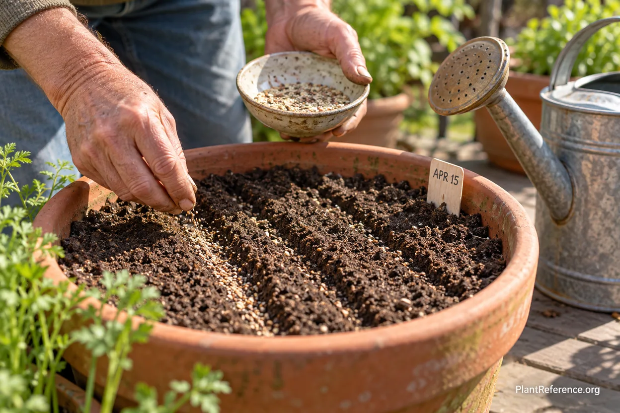 Carrot seed direct sown in shallow rows in a deep container