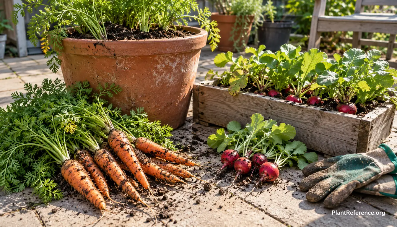 Container-grown carrots and radishes harvested from depth-matched pots