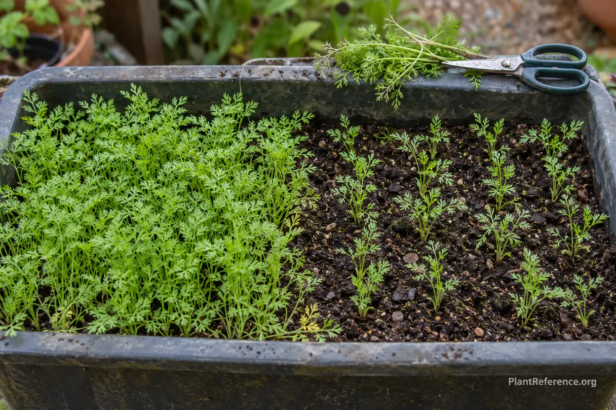 Crowded carrot seedlings thinned to even spacing in a pot