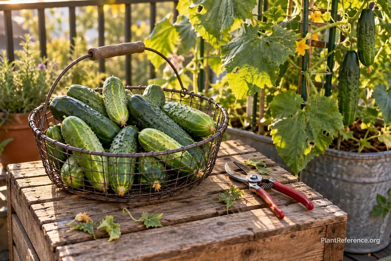 Freshly harvested container-grown cucumbers in a basket beside the trellis and pot