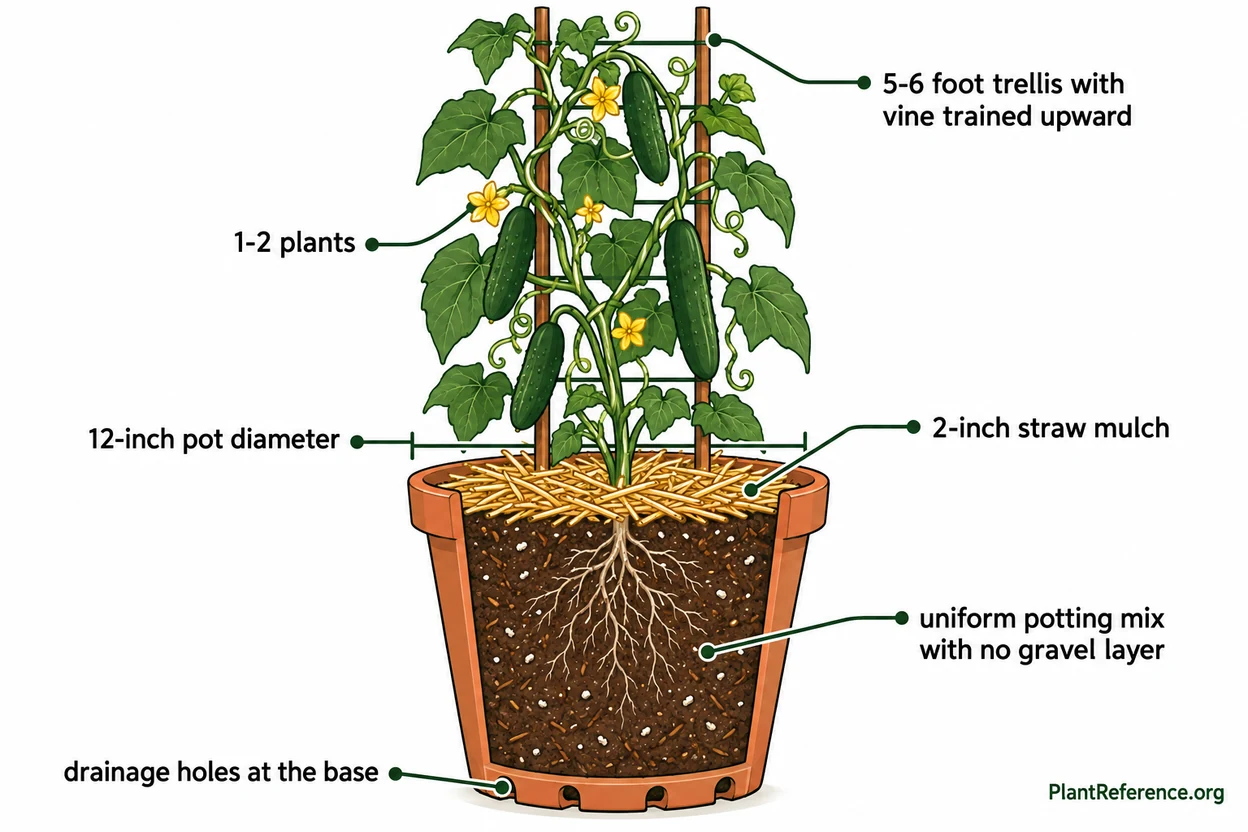 Diagram of a container cucumber setup with a 5-gallon pot, trellis, mulch, and drainage holes