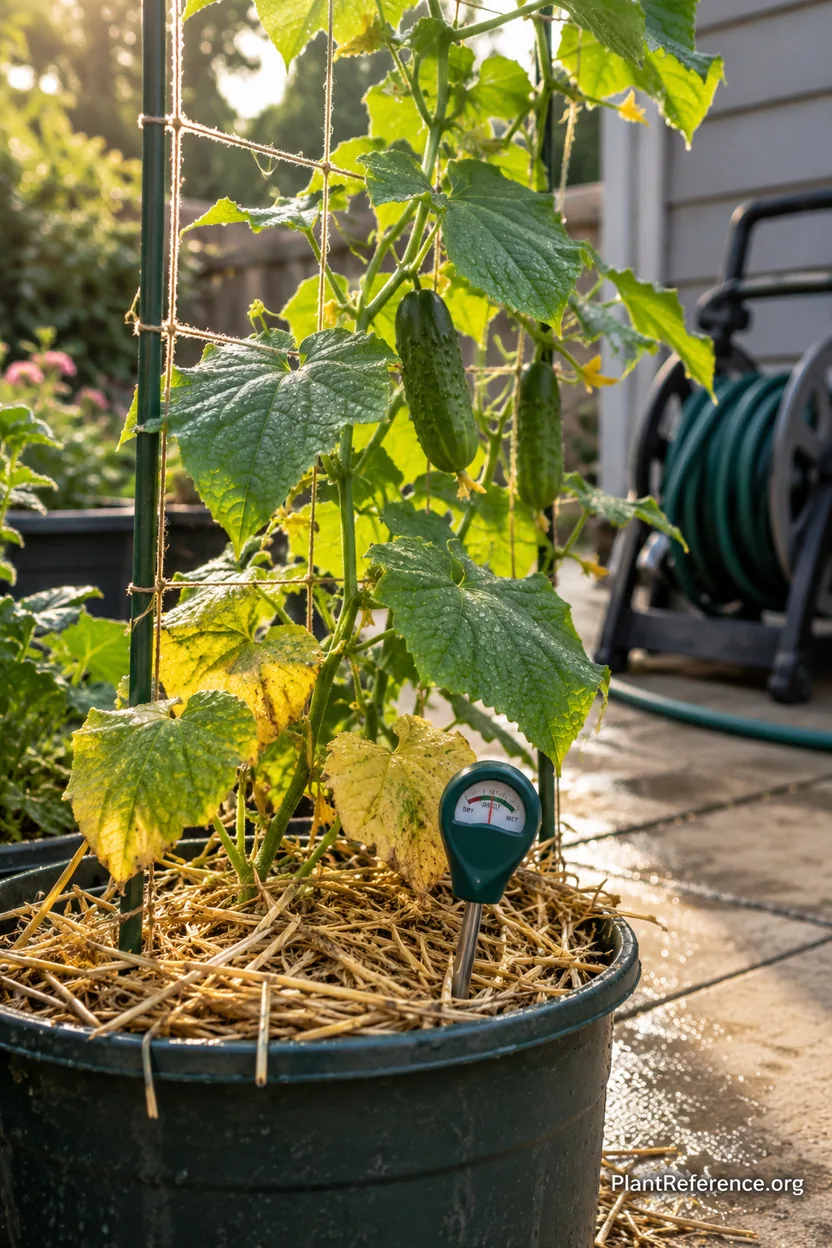 Cucumber vine trained on a trellis in a container with straw mulch and a soil moisture meter