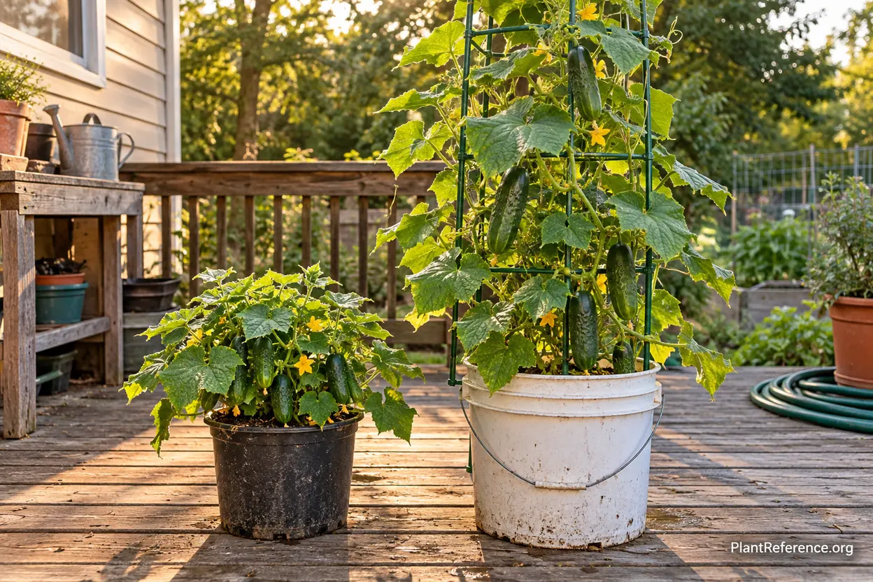 Compact and vining cucumber varieties growing in containers side by side on a patio