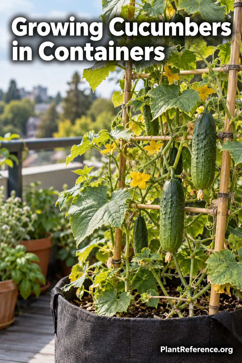 Growing cucumbers in containers guide showing a trellised cucumber plant in a pot