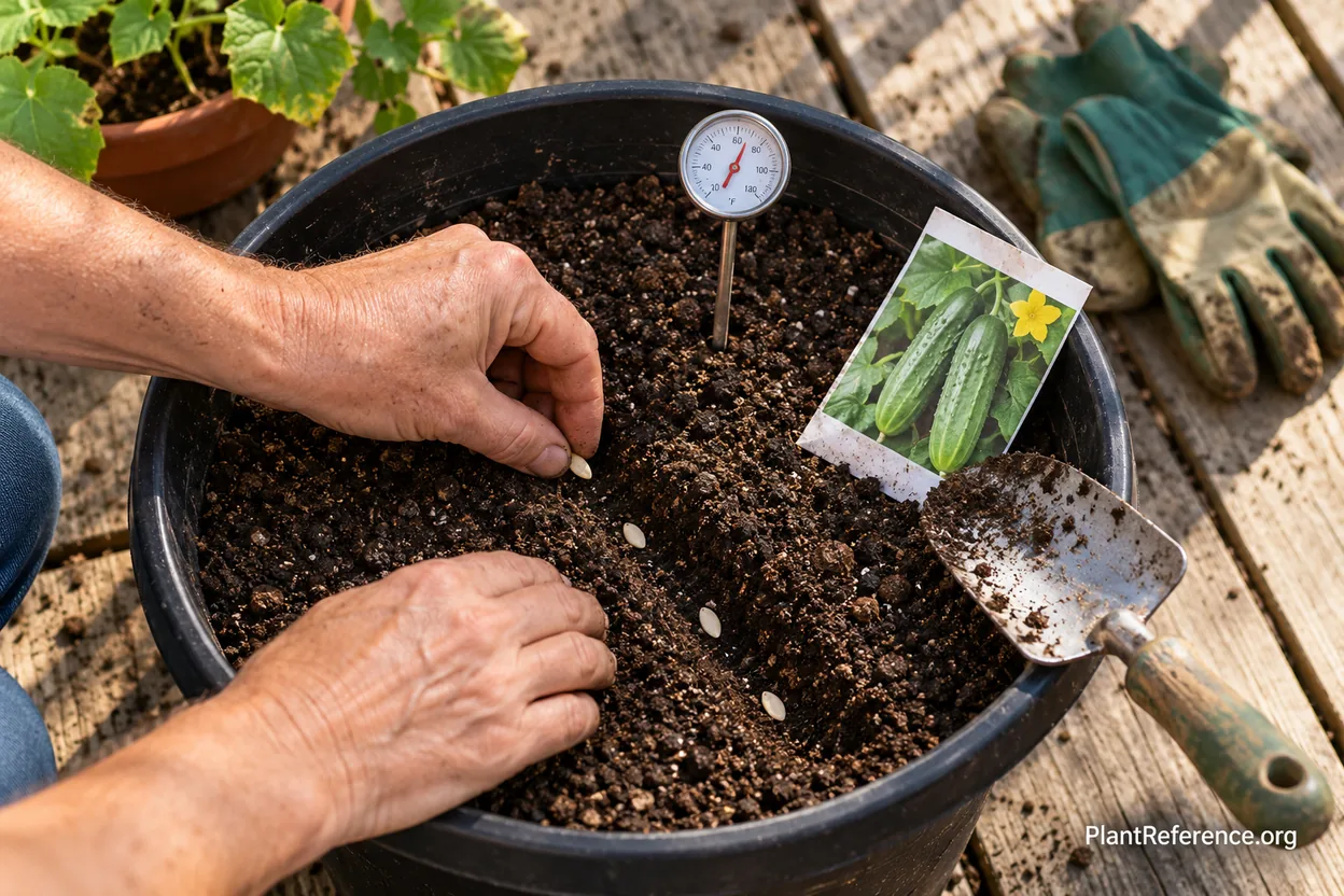 Sowing cucumber seeds into a 5-gallon container filled with potting mix