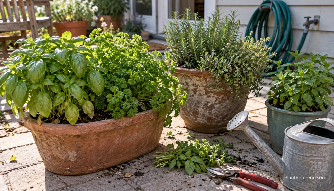 Basil, rosemary, parsley, mint, and thyme growing in patio containers