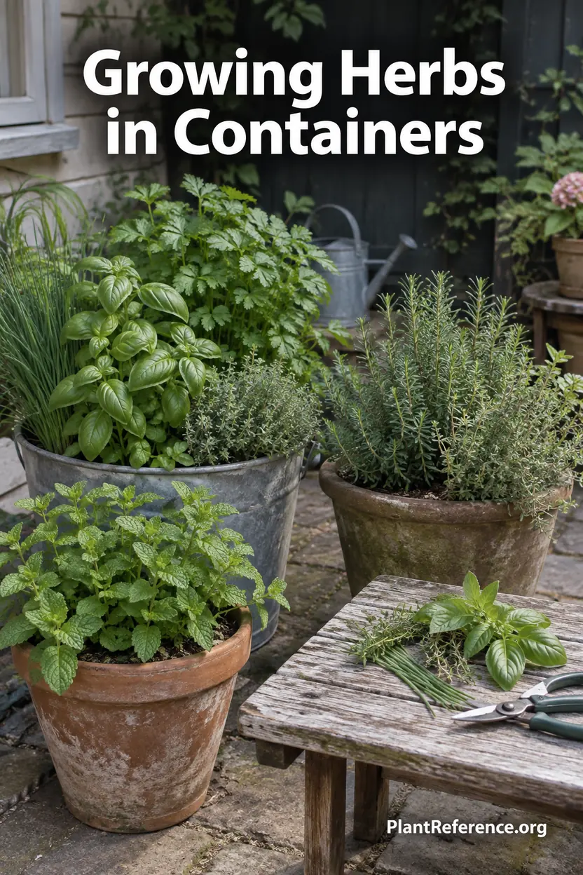 Herb container garden guide with basil, parsley, rosemary, thyme, and mint