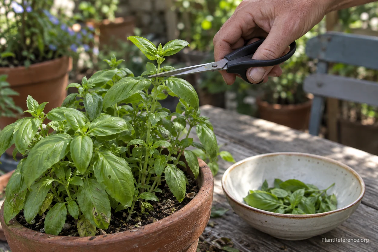 Harvesting basil tips above leaf pairs for regrowth