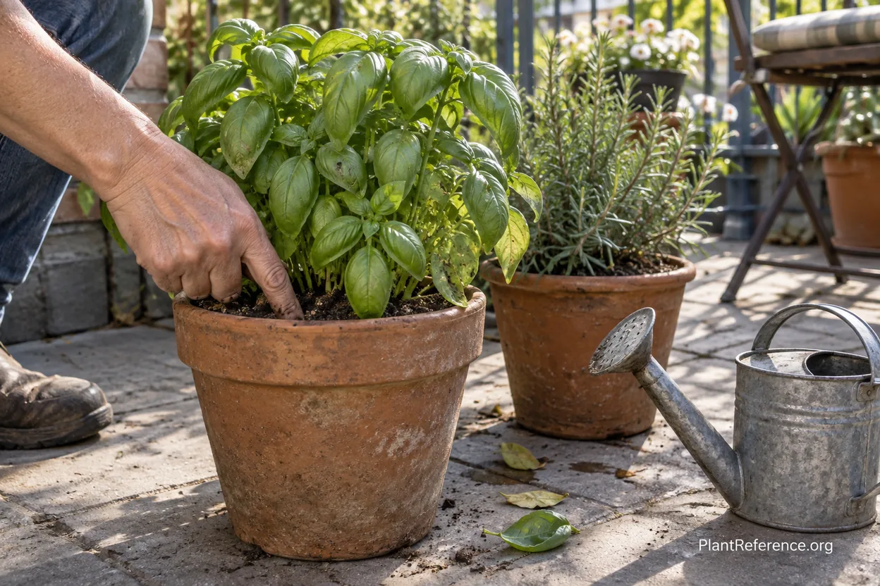 Checking basil and rosemary potting mix before watering herbs
