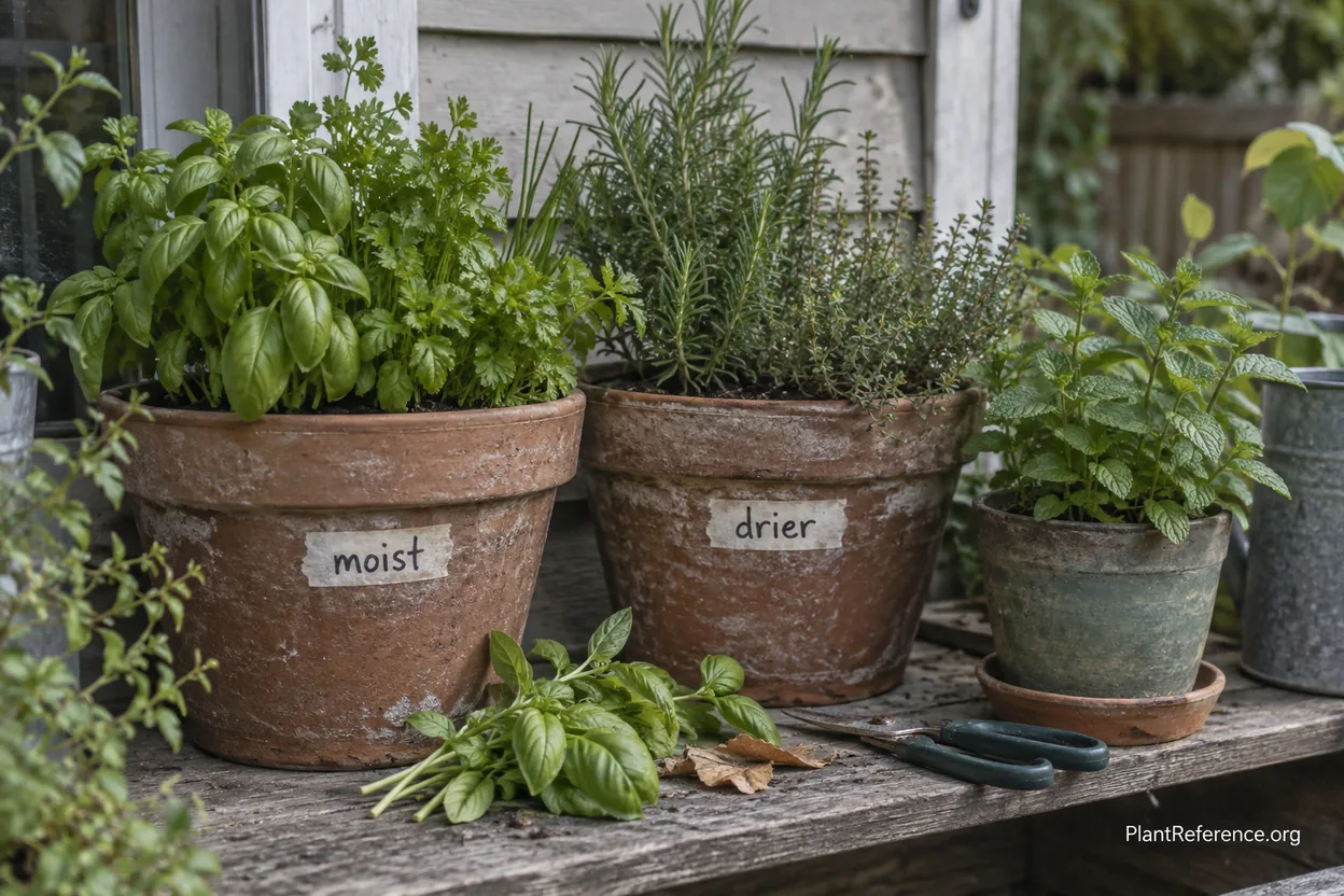 Soft herbs and woody Mediterranean herbs grouped in different containers