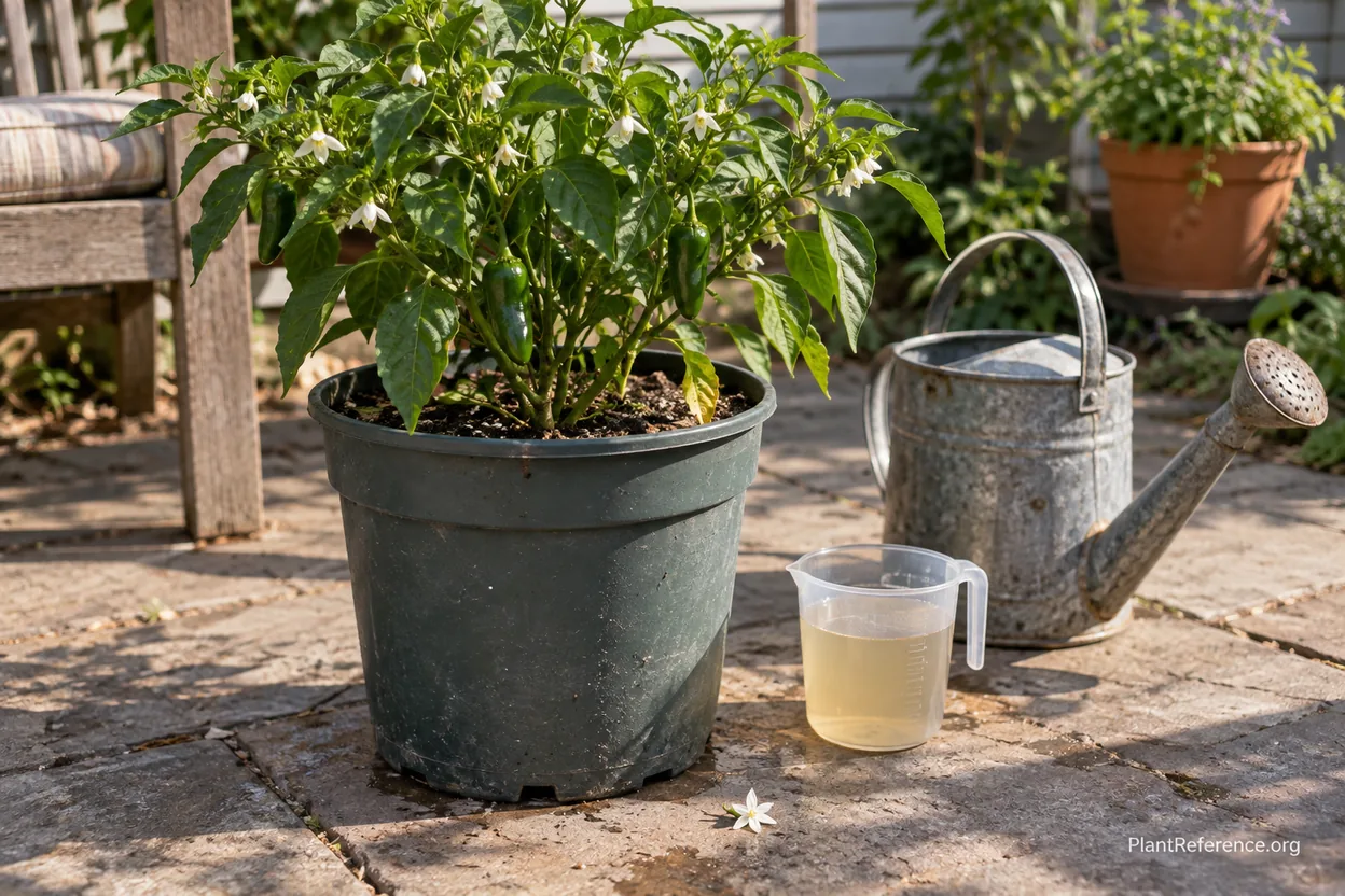 Flowering container pepper receiving measured vegetable fertilizer