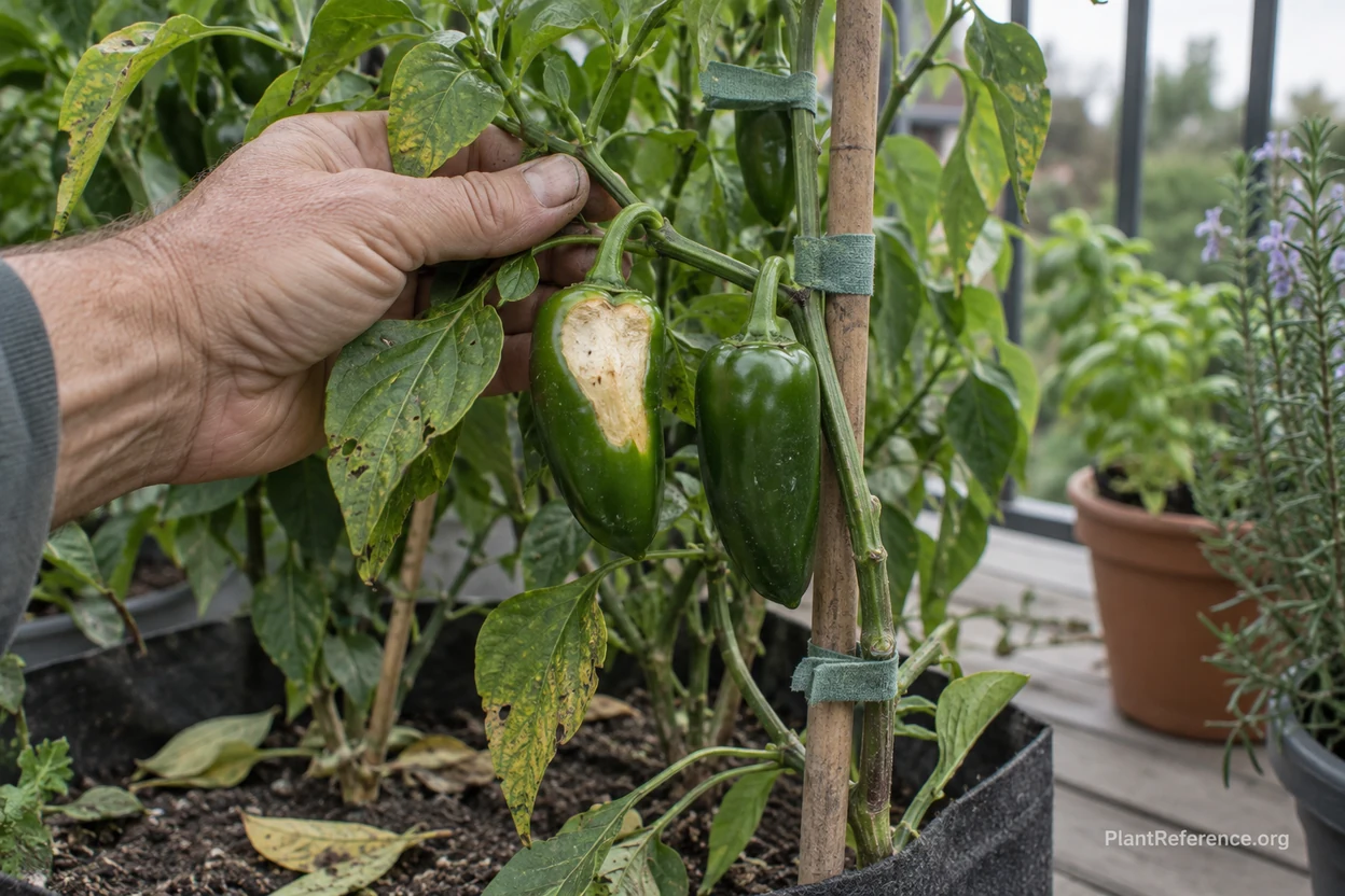 Sunscald and branch support checked on a container pepper