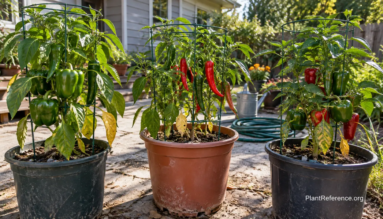 Sweet and hot pepper plants growing in individual patio containers