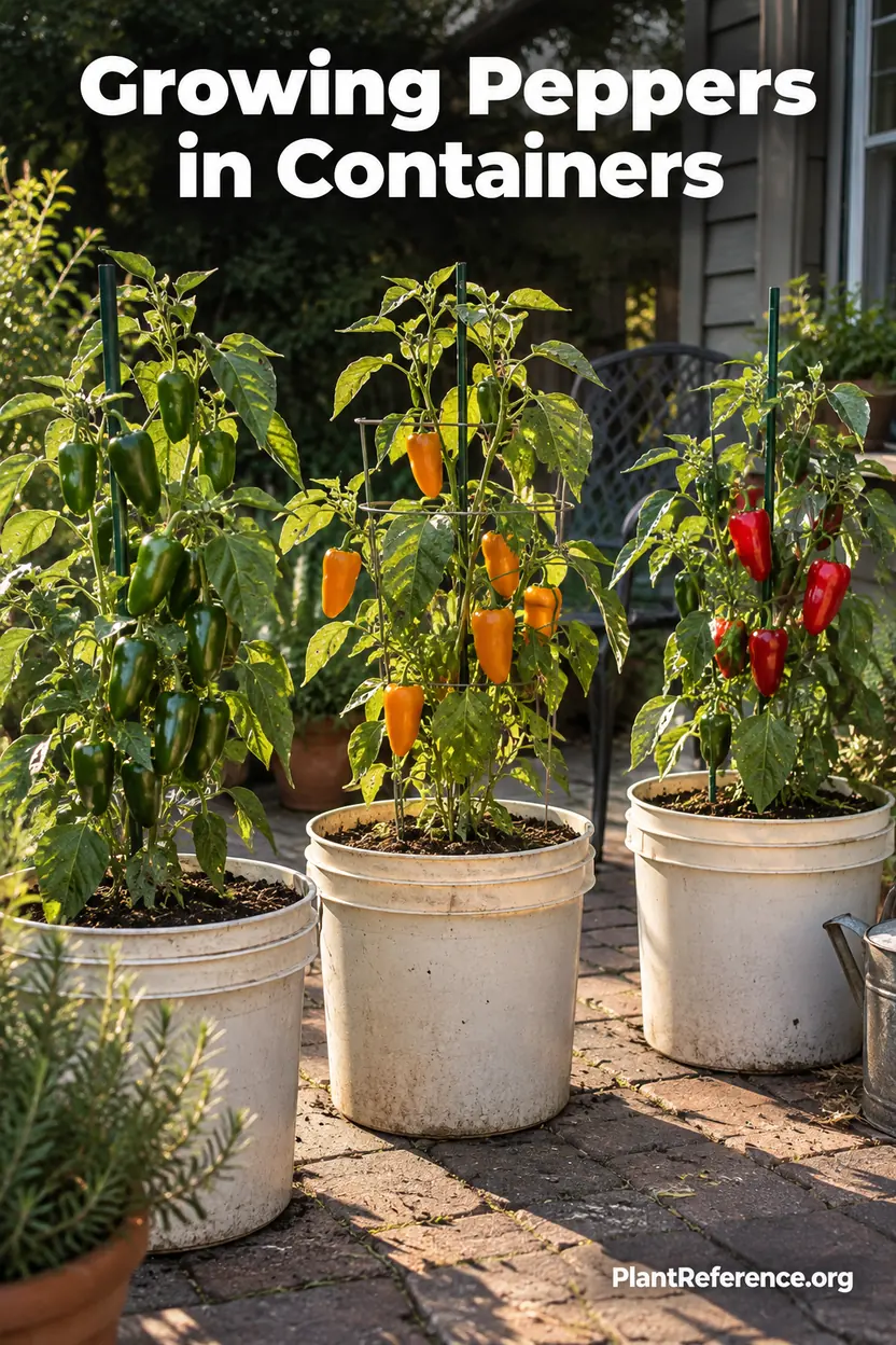 Container pepper guide showing large pots, healthy foliage, and ripe peppers