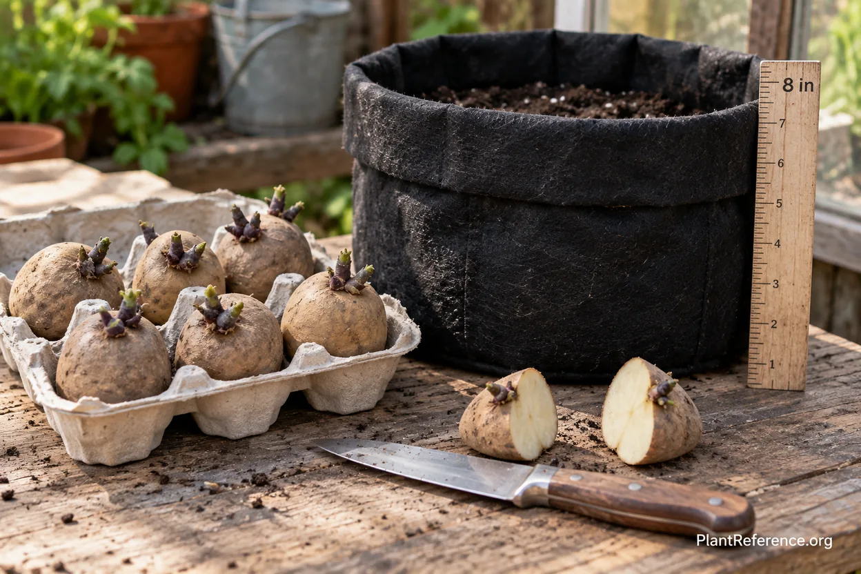 Firm sprouted seed potatoes prepared beside a rolled fabric grow bag