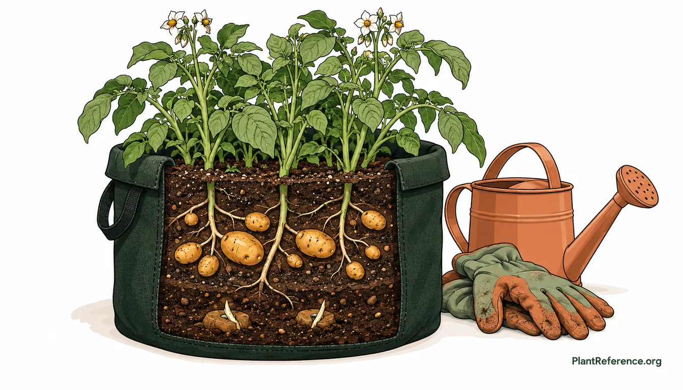 Potato plants growing in a fabric bag with the side cut away to show tubers
