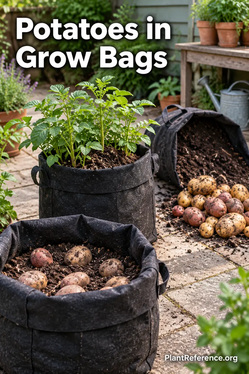 Potato grow bag planting, hilling, and harvest stages