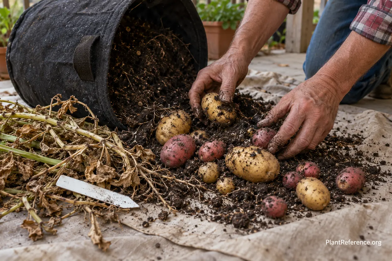 Mature potatoes collected as a fabric grow bag is emptied onto a tarp