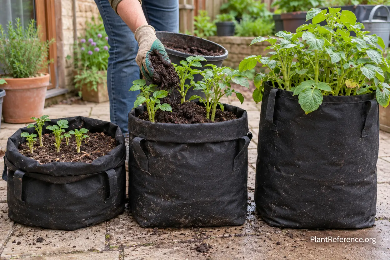 Potato stems hilled as the fabric grow bag rim is gradually unrolled