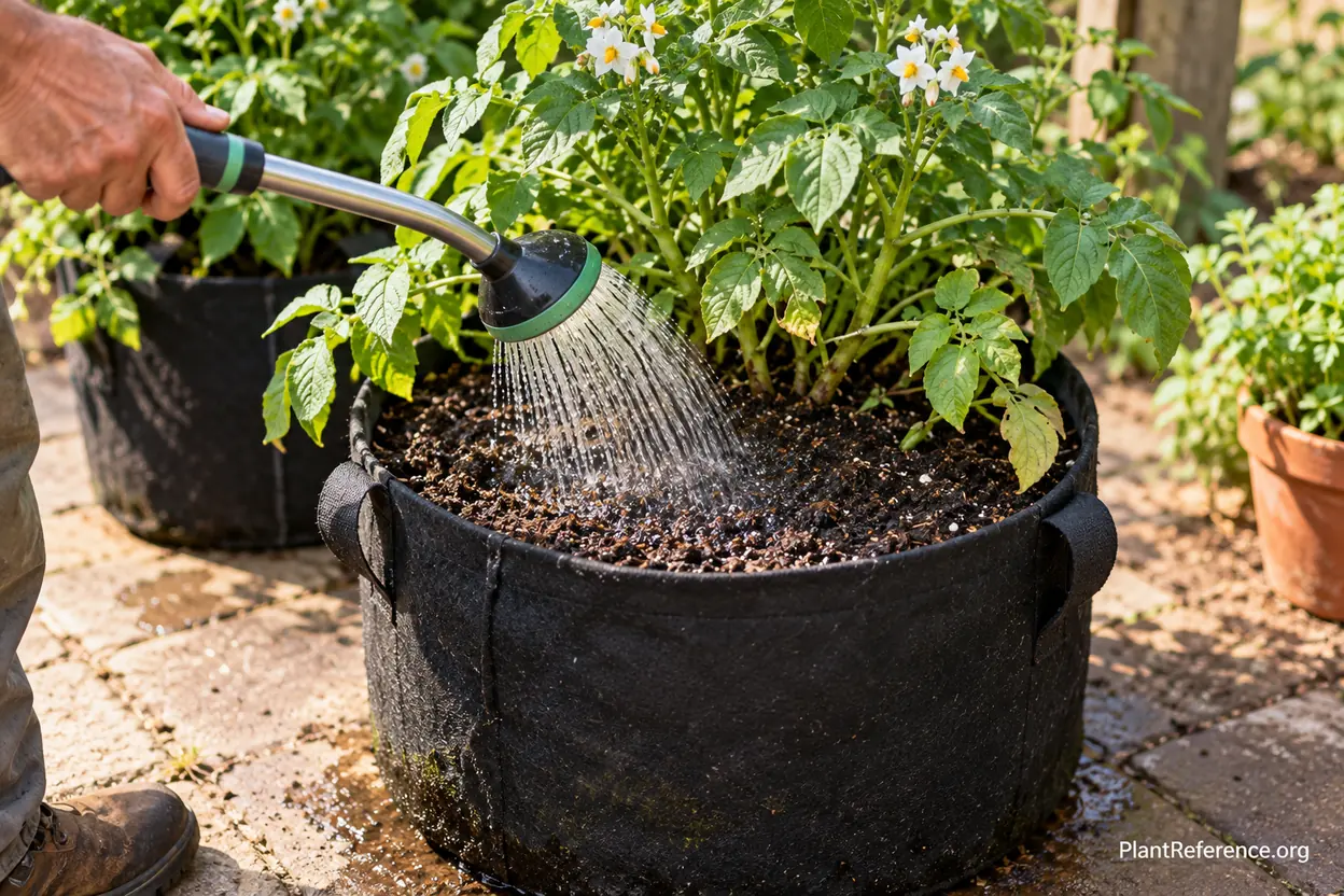 Watering wand applying an even soak across a potato grow bag