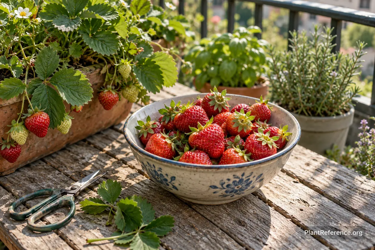 Bowl of freshly picked container-grown strawberries beside the plant
