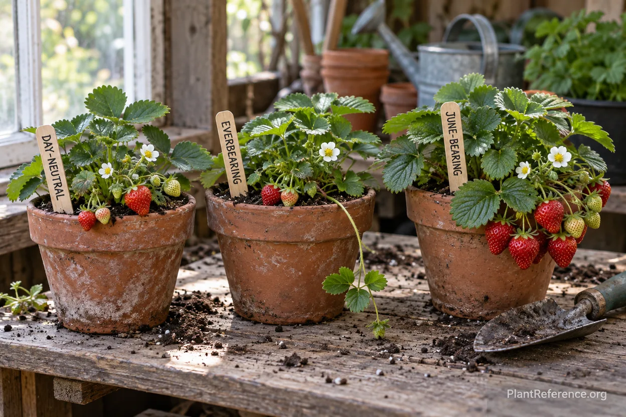 Comparison of strawberry varieties for containers showing fruit size and plant habit