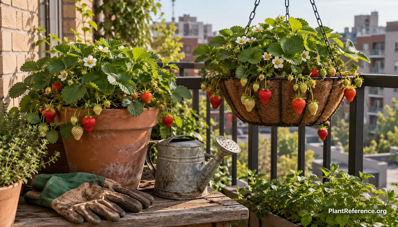 Ripe strawberries growing in a container and hanging basket on a balcony, showing growing strawberries in containers