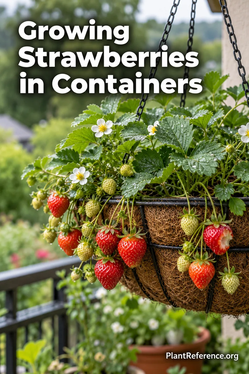 Growing strawberries in containers guide showing a hanging basket full of ripe strawberries
