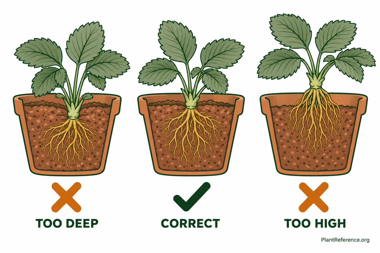 Diagram of correct strawberry crown depth when planting in a container