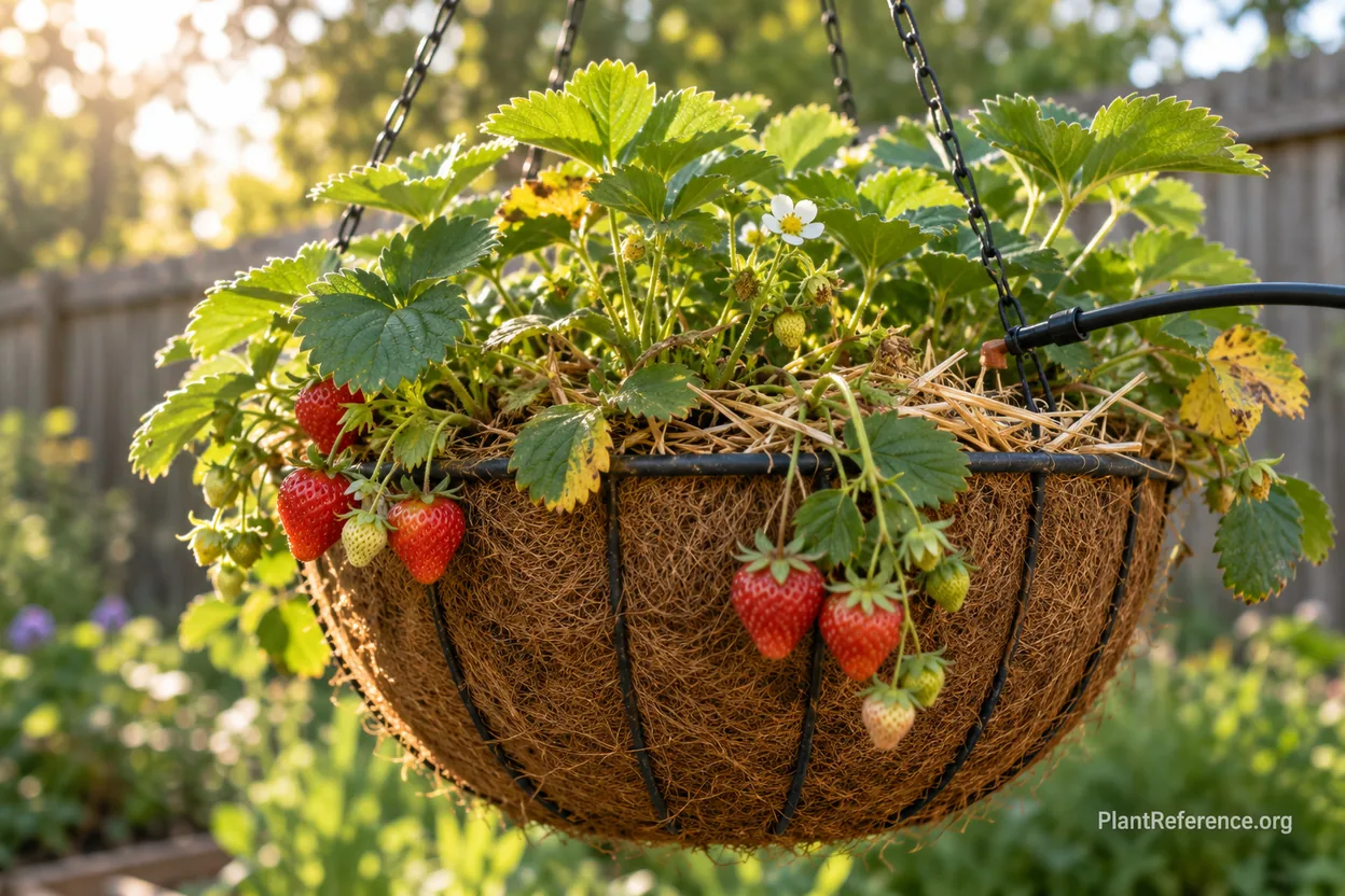Hanging basket with strawberry plants, straw mulch, and a drip irrigation line