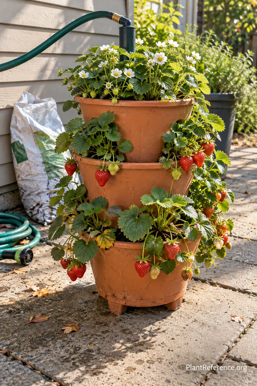 Vertical strawberry tower with ripe berries at different levels and a central watering tube