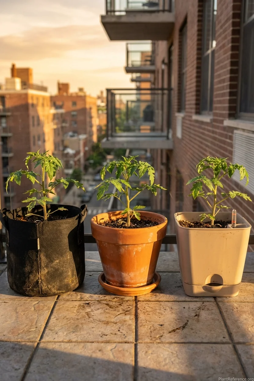 Various container types for apartment tomato growing including fabric bags, ceramic pots, and self-watering planters