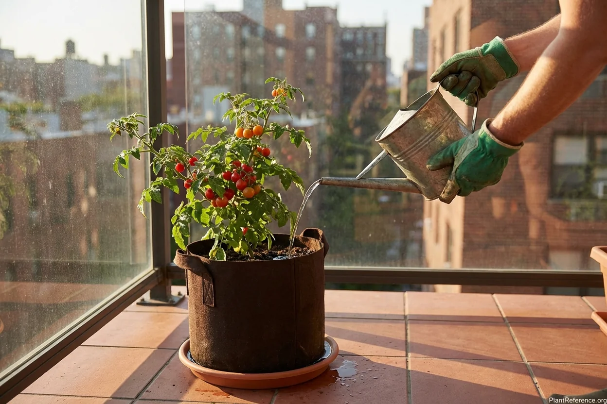 Hands watering container tomato plants on apartment balcony showing proper watering technique