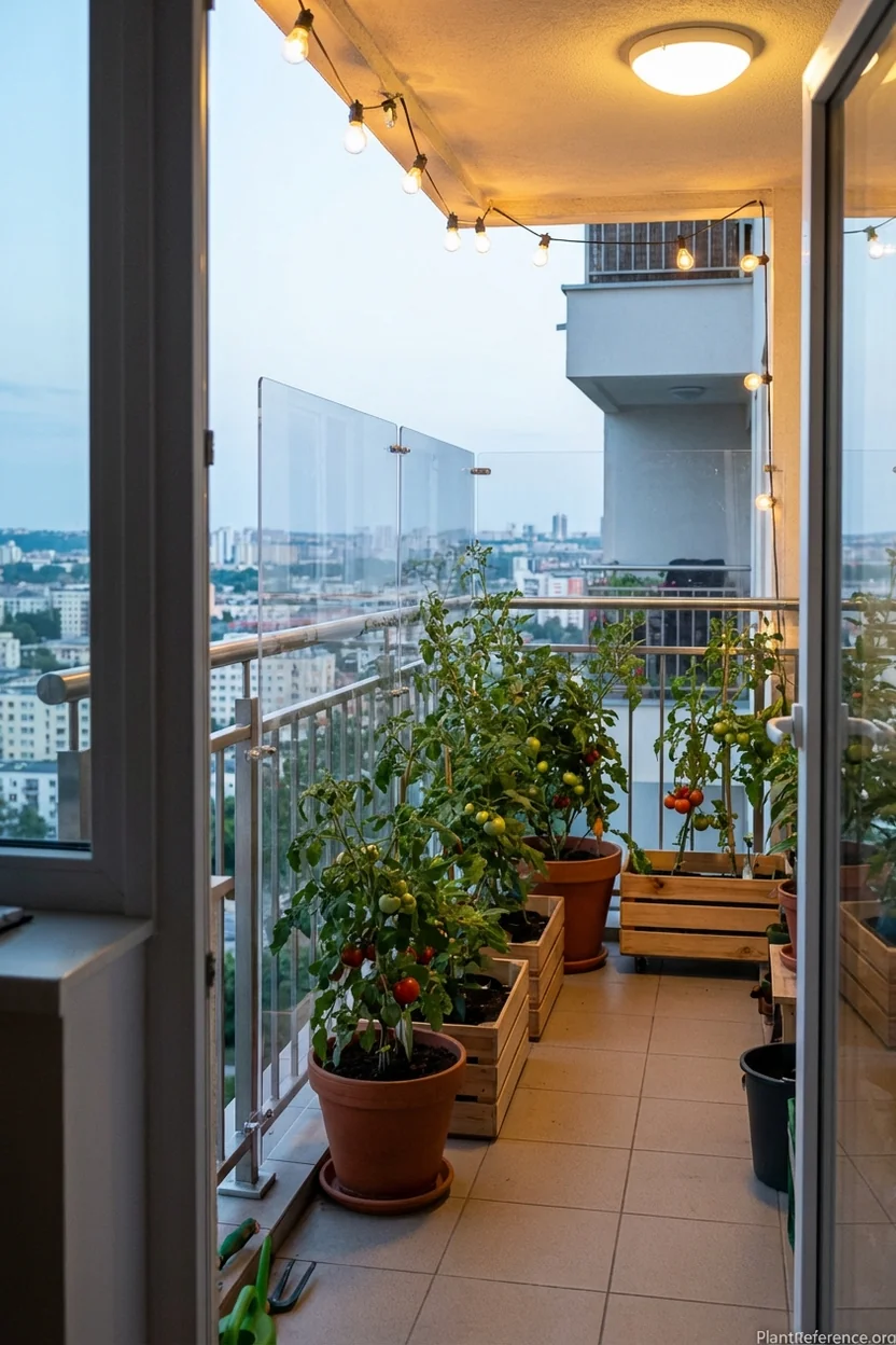 Apartment balcony tomato plants protected by clear wind barrier panels while maintaining city views