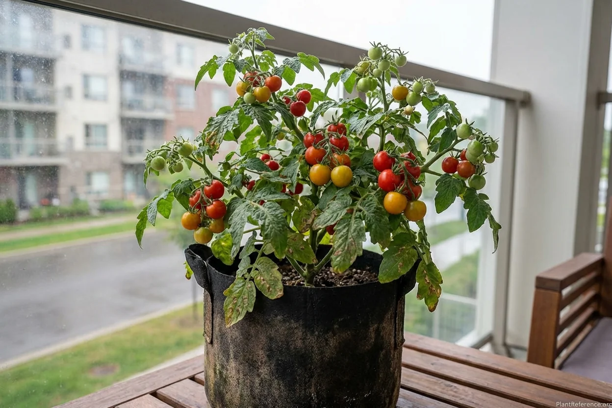 Compact cherry tomato plant in container showing determinate growth habit ideal for apartment growing