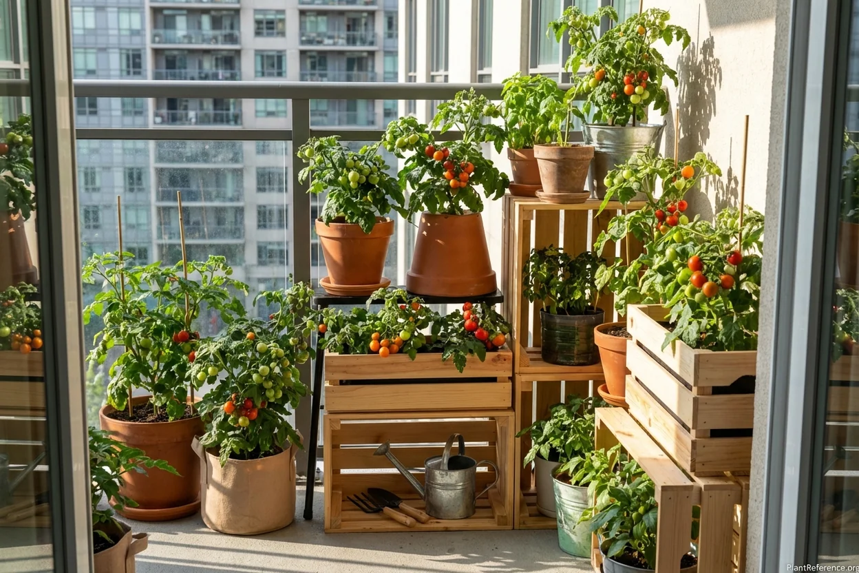 Space-efficient tiered tomato growing arrangement on small apartment balcony showing multiple levels