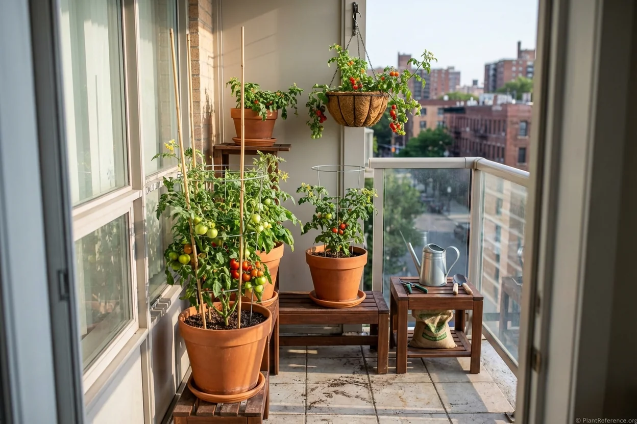 Apartment balcony showing vertical tomato growing with stakes, cages, and hanging planters maximizing space