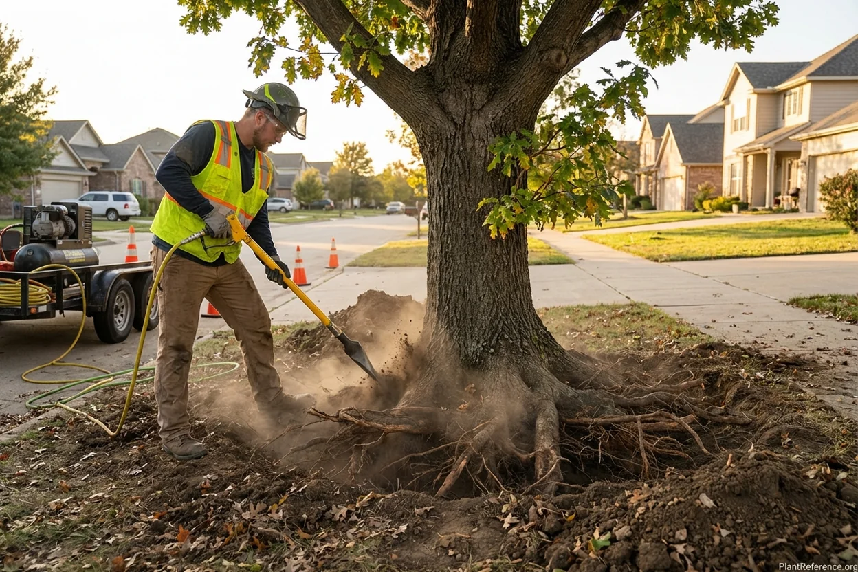 Professional arborist using pneumatic air-spade for soil decompaction around established urban tree