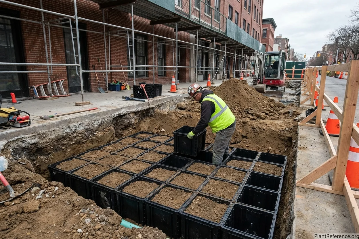 Silva Cell modular system installation providing soil volume under pavement for urban trees